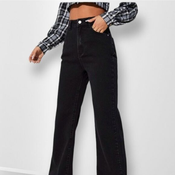 HIGH RISE WIDE LEG FLARE TWO TONE CONTRAST BLACK WHITE CELESTIAL GRUNGE JEANS 90 - Picture 2 of 11